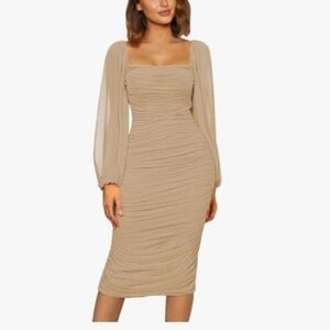 NWT MEROKETTY Long Puff Sleeve Ruched Bodycon Square Neck Mesh Midi Sz S Women